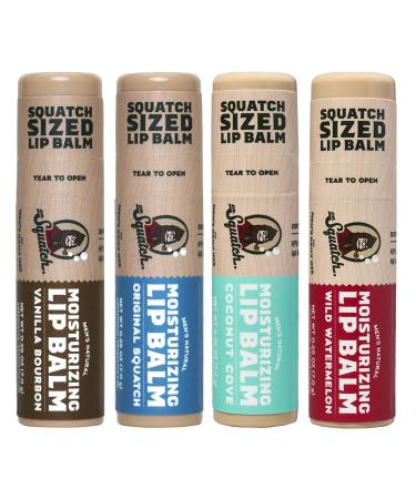 Dr. Squatch NEW Natural Lip Balm - Petrolatum, Paraben, Artificial Flavor-free - Shea Butter, Beeswax, Vitamin E - Original Squatch, Vanilla Bourbon, Coconut Cove, Wild Watermelon (0.25 oz, 4 Pack)