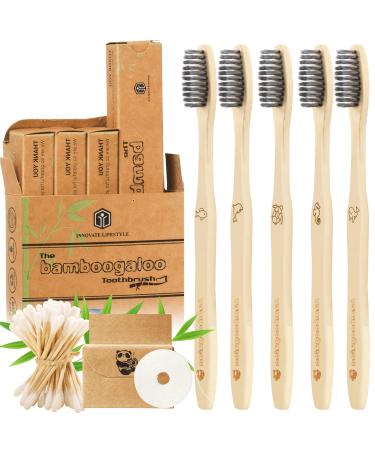 Bamboogaloo Premium bamboo toothbrushes |5 pack with free bamboo cotton swab |Organic wood toothbrush |Soft charcoal bristles |Biologically degradable plastic -free box environmentally friendly