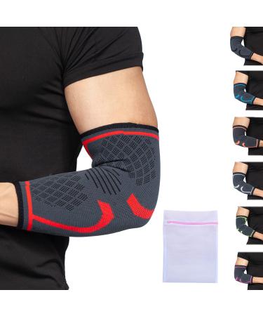 360 RELIEF - Compression Elbow Brace Sleeve for Men and Women Support | Splint Joint Pain Relief Tendonitis Tennis Golf Workout Weightlifting | Medium Red with Mesh Laundry Bag | Red M
