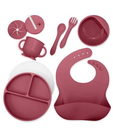 Roeko Baby Feeding Set with Lid - Baby Led Weaning Supplies - Suction Plates for Baby - Sippy Cup with Straw - Silicone Bibs for Babies - 6 Month Old Baby Essentials - Baby Products - Baby Must Haves Berry