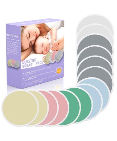 Organic Bamboo Nursing Breast Pads - 14 Pack Reusable and Washable Postpartum Pads for Breastfeeding and Maternity, with Laundry Bag - Soft, Natural and Large Nipple Pads for New Moms Multicolor