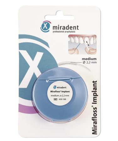 Miradent Mirafloss implant tooth flap medium ( 2.2 mm 20 x 15 cm) |Ideal for cleaning implants and bridges |Rolled up in the practical donor |Rigid ends make threading easier