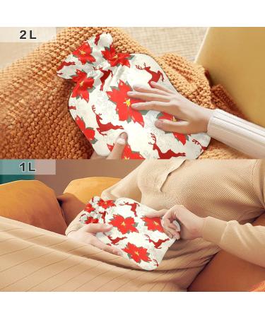 2L Hot Water Bottle with Poinsettia & Reindeer - Soft Fleece Cover for Hot & Cold Relief | International Shipping - Buy Online on GoSupps.com