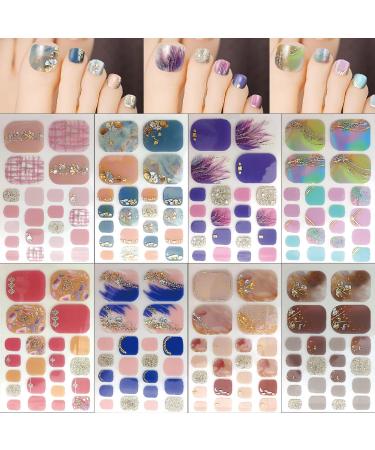 8 Sheets Glitter Marble Full Toe Wraps Stickers Mermaid Design Toenail Art Polish Stickers Strips Glitter Self-Adhesive Toenail Art Decals Toenail Strips with 2 Pieces Nail Files for Women Girls