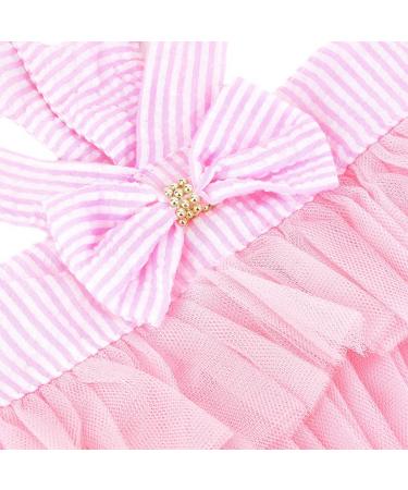 Pink Striped Denim Puppy Dress with Organza Bow and Beads - XS size (Chest 30cm/11.8, Back 20cm/7.9) - Summer Sleeveless Button-Up Dog Apparel - Buy Online on GoSupps.com