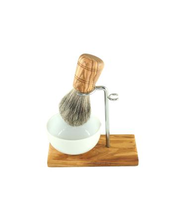 DOM shaving brush set CLASSIC 3-piece made of olive wood with porcelain bowl round 8.5 cm + razor holder