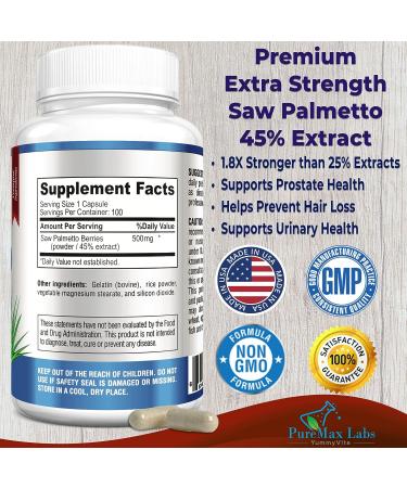 YUMMYVITE Saw Palmetto Extract Prostate Supplement - 45% Strength, DHT Blocker for Hair Growth - Non-GMO, 100 Capsules - Buy Online on GoSupps.com