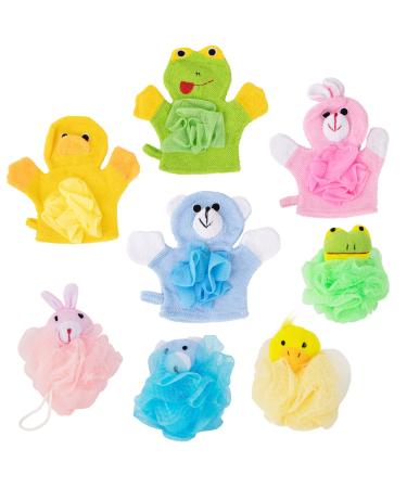 NaienCraft 8 Pack Cartoon Bath Pouf Puff Mesh Bath Sponges Shower Gloves with Stuffed Animal Loofah Shower Bouquet