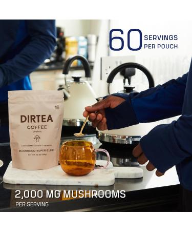 DIRTEA Mushroom Coffee Blend (60 Servings) | 100% Roasted Arabica | Organic Instant Coffee with Lion's Mane Chaga Tremella Maca & Ashwagandha | For Energy Focus and Immunity | 150g - 60 Servings - Buy Online on GoSupps.com