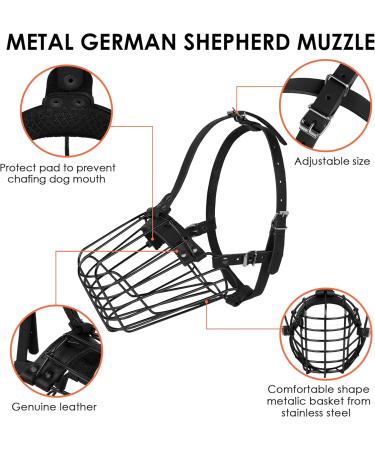 Budkas German Shepherd Metal Basket Muzzle for Medium Dogs - Adjustable Durable Leather Straps Safe for Chewing - Black Size L - Buy Online on GoSupps.com