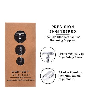 Parker 99R - Long Handle Heavyweight Butterfly Open Double Edge Safety Razor for Men + 5 Premium Platinum Blades - Buy Online on GoSupps.com