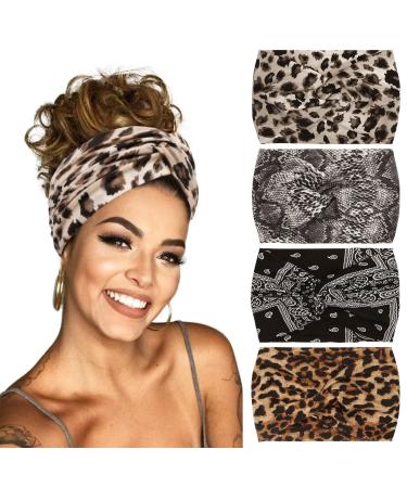 Headbands for Women' s Hair Wide Thick Stretchy Boho African Turban Knotted Leopard Head Bands 4Packs Flower