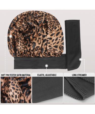 Arqumi Silk Bonnet 2PCS Large Hair Wrap for Sleeping - Adjustable Satin Cap for Long Curly Thick Black Hair - Women's Hair Care Bonnet in Black & Leopard Pattern - Buy Online on GoSupps.com