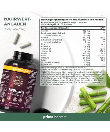 Primal Hair Supplements | Biotin Keratin & Zinc for Healthy Hair - 60 Capsules - Buy Online on GoSupps.com