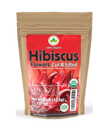 Hibiscus Tea 1LB (16Oz) 100% CERTIFIED Organic Hibiscus Flowers Herbal Tea (CUT&SIFTED), Caffeine Free Tea (200+ cups) 1 lb. Bulk Resealable Kraft BPA-Free Bag