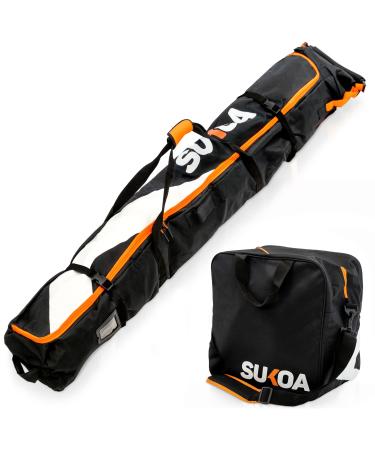 Ski Bag and Ski Boot Bag Combo for Air Travel Unpadded - Ski Luggage Bags for Snow Travel Gear - Ski Case for Cross Country Downhill Boots Helmet Poles Clothes and Accessories Orange Sukoa