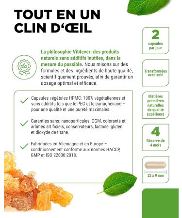 vit4ever Extrait d encens - 240 g lules v ganes - 1000 mg par portion quotidienne - Avec 85% d acides boswelliques issus de v ritable Boswellia serrata indien - Hautement dos & qualit premium - Buy Online on GoSupps.com