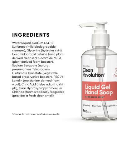 Clean Revolution Liquid Gel Hand Soap Silky Rich Liquid Quick Lather Fast Rinsing Contains Real Essential Oils (Geranium Mint) 8 Fl Oz (Pack of 6) - Buy Online on GoSupps.com