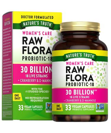 Raw Flora Probiotics for Women | 30 Billion CFU | 33 Capsules | with Cranberry and D-Mannose | Vegan, Non-GMO & Gluten Free Supplement