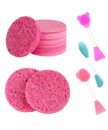 Super Soft Silicone Face Cleanser with Compressed Facial Sponges Silicone Facial Cleansing Brush 100% Natural Cellulose Face Sponge for Face Cleansing Pore Exfoliating Mask Massage Makeup Removal
