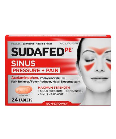 Sudafed PE Sinus Pressure + Pain Relief Maximum Strength Non-Drowsy Decongestant, 24 Count 24 Count (Pack of 1)
