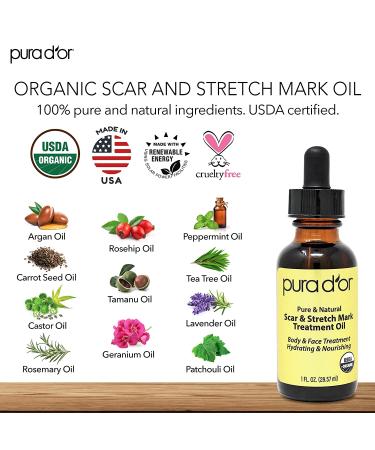 PURA DOR Organic Scar & Stretch Mark Treatment Oil | 1oz For Skin - Rosehip, Wheat Germ, Argan, Tamanu, Carrot, Rosemary, Lavender, Geranium, Patchouli, Sage - Buy Online on GoSupps.com