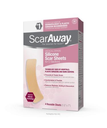 ScarAway Advanced Skincare Silicone Scar Sheets for C-Sections, Reusable Sheets (1.5 x 7) for Hypertrophic and Keloid Scars from Injury, Burn, Surgery and more, 4 Sheets