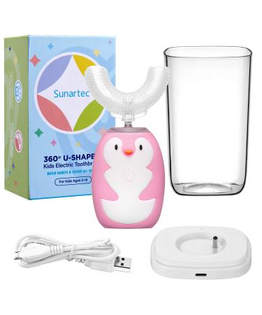 Sunartec Ultrasonic Electric 360 Toothbrush for Kids Teeth Whitening Kits with Voice Prompt, 3 Modes Gums Care Sonic Toothbrushes for Children's Gifts (2 Brushes in 2-7) Pink
