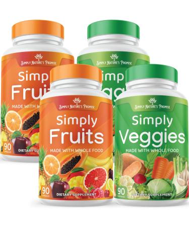 4 Pack - Fruit and Vegetable Supplements - 90 Veggie and 90 Fruit Capsules - Made with Whole Food Superfoods, Packed Vitamins & Minerals - Soy Free - No Fillers or Extracts by Simply Nature's Promise