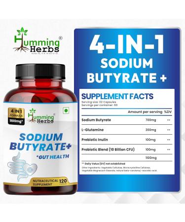 Humming Herbs Sodium Butyrate+ Capsules 4-in-1 Digestive Support with L-Glutamine + Prebiotic Inulin + Probiotic Blend (10 Billion CFU) 120 Vegetarian Capsules 120 Count (Pack of 1) - Buy Online on GoSupps.com