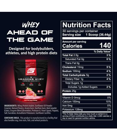 Granite Supplements The Meadows Whey Protein Isolate Protein Powder for Lean Muscle with 150 Calories 2g Fiber 1g Sugar (30 Servings) Fresh Strawberry Flavor - Buy Online on GoSupps.com