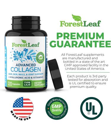 Forest Leaf Collagen Pills with Hyaluronic Acid, Vitamin C - Reduce Wrinkles, Tighten Skin, Boost Hair, Skin, Nails & Joint Health - 120 Capsules - Buy Online on GoSupps.com