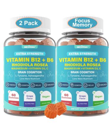 Focus Memory & Energy Gummies L-Tyrosine + Methyl B12 1000mcg B6 50mg D3 C Lion's Mane Mushroom for 15+ Students Office Worker Multivitamin Herb Blend for Seniors Brain & Cognition Sugar Free 60 Count (Pack of 2)