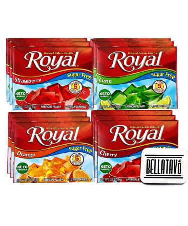 Sugar Free Jello Shot Bundle. Includes 12 Boxes of Royal Gelatin, 3 Boxes Each of Strawberry, Lime, Orange and Cherry Sugar Free Jello Flavors Plus Authentic BELLATAVO Ref Magnet!!