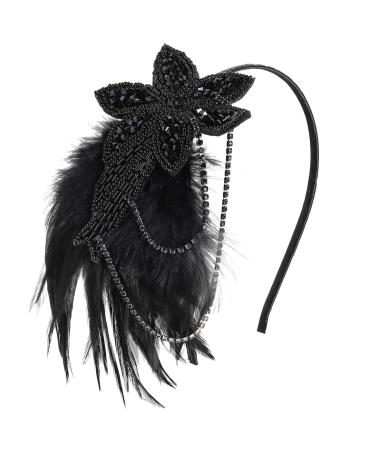 BABEYOND Vintage 1920s Headband 1920s Headpiece Feather Beaded Headband Crystal Flapper Headpiece Great Gatsby Costume Accessories Roaring 20's Accessories (Black)