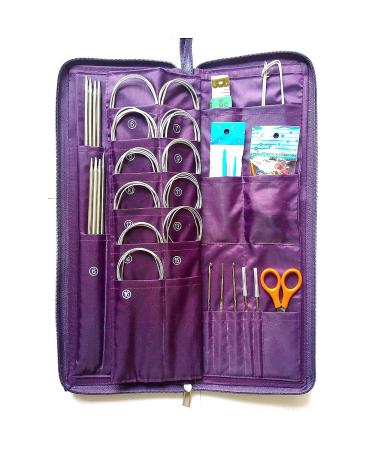 MAYMII 104 Pcs Knitting Kit Stainless Steel Knit Needles Straight+Circular Needles+Crochet Hook Needlework Hand Tool with Pu Bag