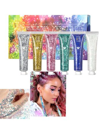 RoseFlower 6 Colours Face Gel Glitter Body Gel Festival Glitter Cosmetic Face Hair Nails Eyes Bling Sequins Makeup Sequins Liquid Eyeshadow Christmas Halloween Makeup Mermaid Powder Shiny Flakes #1