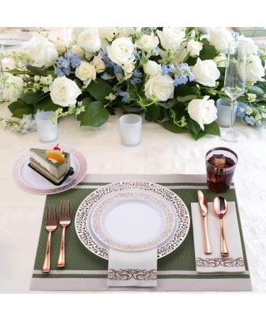 175 Piece Rose Gold Dinnerware Set -Disposable Dinnerware Set with 25 Guest-50 Rose Gold Rim Plastic Plates-25 Rose Gold Plastic Silverware-25 Rose Gold Plastic Cups-25 Linen Like Paper Napkins - Buy Online on GoSupps.com