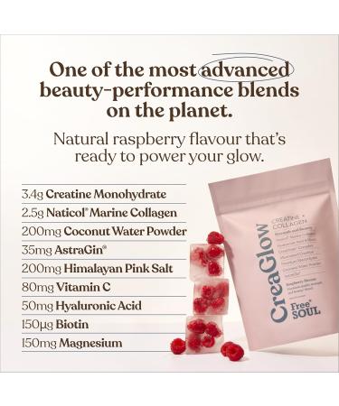 CreaGlow Naticol Marine Collagen + Creatine Monohydrate + Electrolytes Powder | Glow & Strength All in 1 with Magnesium Vitamin C Biotin & Hyaluronic Acid | Raspberry Flavoured | Free Soul - Buy Online on GoSupps.com