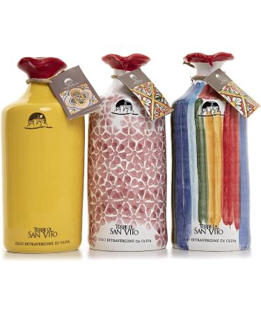 Terre Di San Vito 475ml Extra Virgin Olive Oil Stripe Terracotta Jar - 100% Organic & Locally Grown | Hand-painted Jars, Handmade Storage Vessel - Buy Online on GoSupps.com