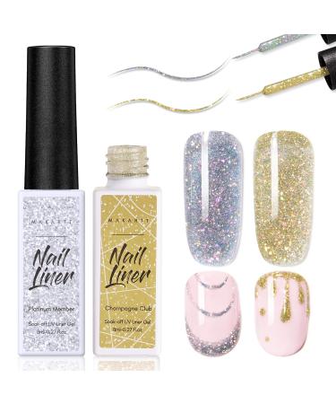 Makartt Liner Gel Nail Polish 2 Colors Glitter Silver Golden Gel Nail Art Paint Soak Off UV Curing Built in Thin Nail Brush DIY Art Design Home & Nail Salon Manicure Drawing Kit 2 Colors Glitter Collection 8 ml-(Pack of Two)