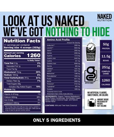 Vanilla Naked Mass 8lb - All Natural Weight Gainer Protein Powder | GMO, Gluten & Soy Free | 1260 Calories | 11 Servings - Buy Online on GoSupps.com