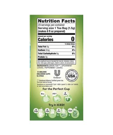Lipton Green Tea Bags with Mint Flavor - 100% Natural, Heart-Healthy - 1.06oz 20 Count (Pack of 6) - Buy Online on GoSupps.com