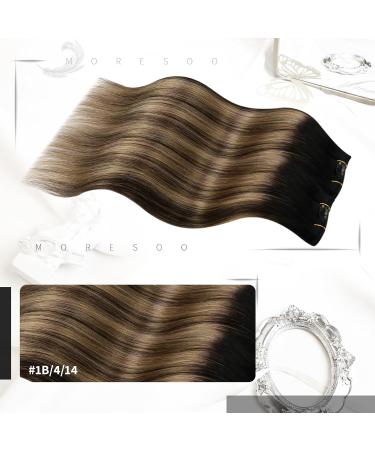 Moresoo Real Hair Extensions - Clip-In Remy Hair Double Tresse Balayage Black to Dark Brown with Dark Ash Blonde #1B/4/14 5pcs 80g 30cm - Buy Online on GoSupps.com
