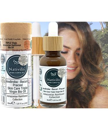 Nativilis Triple Virgin Amazonian Rainforest Bio Oil - ANDIROBA - BACURI PRACAXI - enriched 03 Vegetable Oils Concentrated Active Efficacy Treatment Prevention Cellulitis - Copaiba