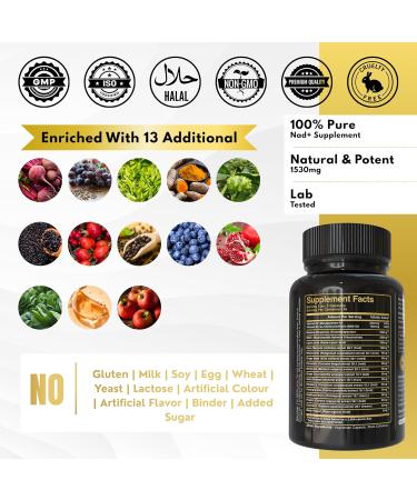 Bloofah NAD+ Supplement 1530mg - Nicotinamide Riboside with Resveratrol 18 in 1 Herbal Supplement + Green Tea for Women & Men Cellular Energy, Healthy Aging Support | 90 Vegan Capsules - Buy Online on GoSupps.com