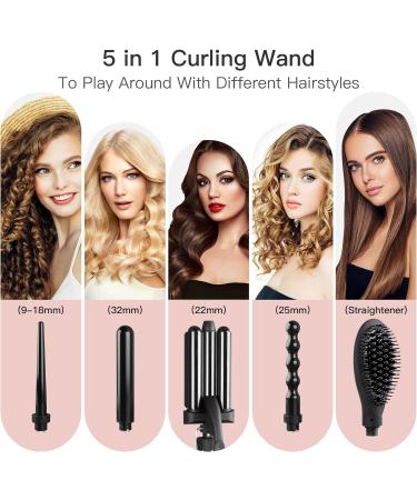 WeChip 5 in 1 Curling Wand Set with Ceramic Tourmaline 3 Barrel Hair Waver, Straightener Brush, Curling Irons, LED Display Hair Curler - All-in-One Hair Styling Tool - Buy Online on GoSupps.com