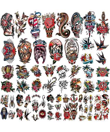 Classic Sailor Jerry Style Temporary Tattoo Sleeves - 55 Old School Stickers for Adults, Kids, Men, Women - American Traditional Flower Design - Buy Online on GoSupps.com