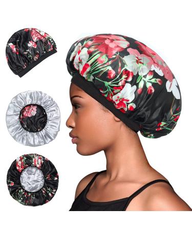 KimKSlay Satin Bonnet for Sleeping Hair Bonnet for Women Shower Cap Hair Bonnet for Braids  Long Hair  Dreadlocks  Curly Hair Large  Double Layer  Reversible  Adjustable Satin Cap (Black Flowers)