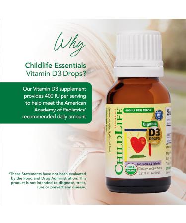 CHILDLIFE Essentials Organic Vitamin D3 Drops for Infants & Newborns - Baby Vitamin D Drops 400 IU per Liquid Drop Immune & Bone Health Support USDA Organic Flavorless - 0.21 Fl Oz (1 Pack) 0.21 Fl Oz (Pack of 1) - Buy Online on GoSupps.com